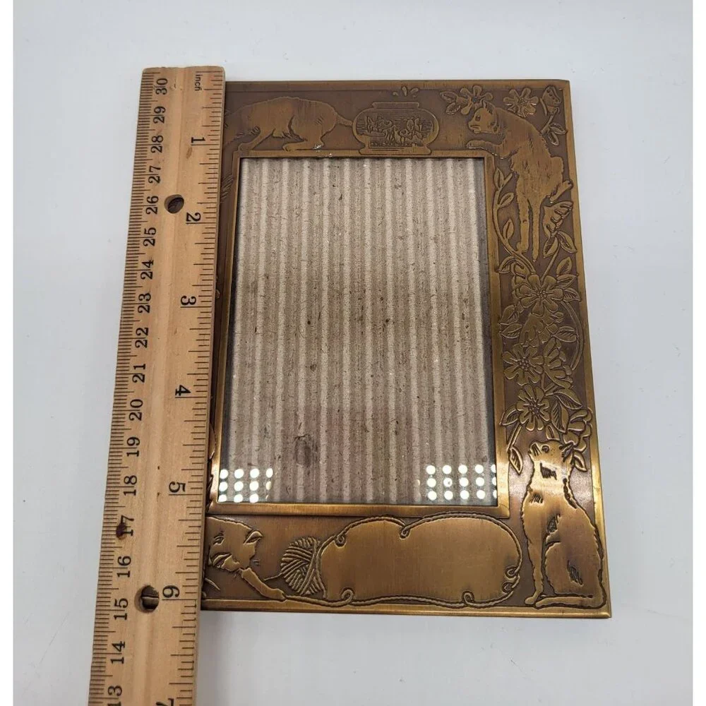 Vintage Brass Photo Frame Cats Mushrooms Floral Art Nouveau 3